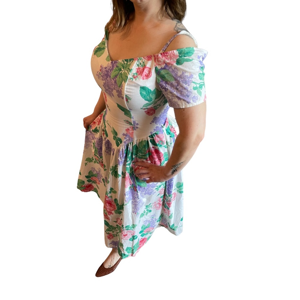 Vintage 1980s Cottage Core Floral Off Shoulder Midi Dress by Eber San Fran